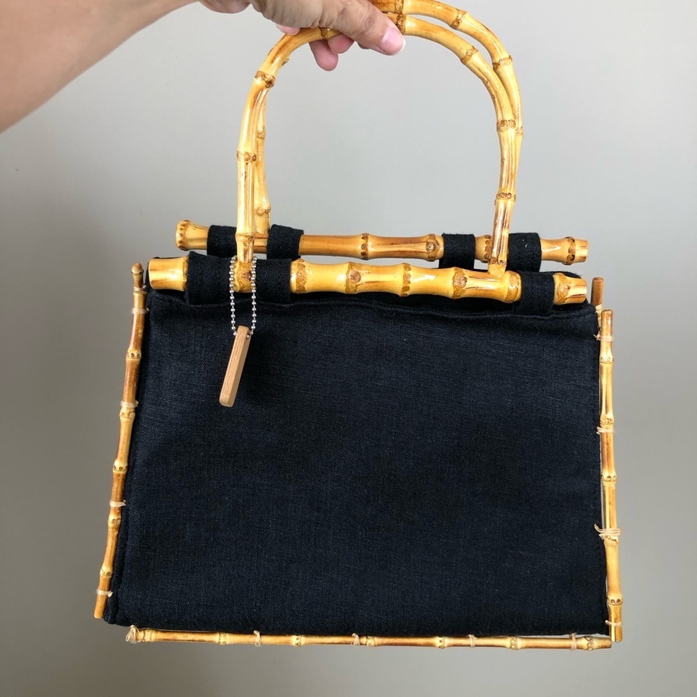 BAMBOO Black Fabric Satchel with Bamboo Trim